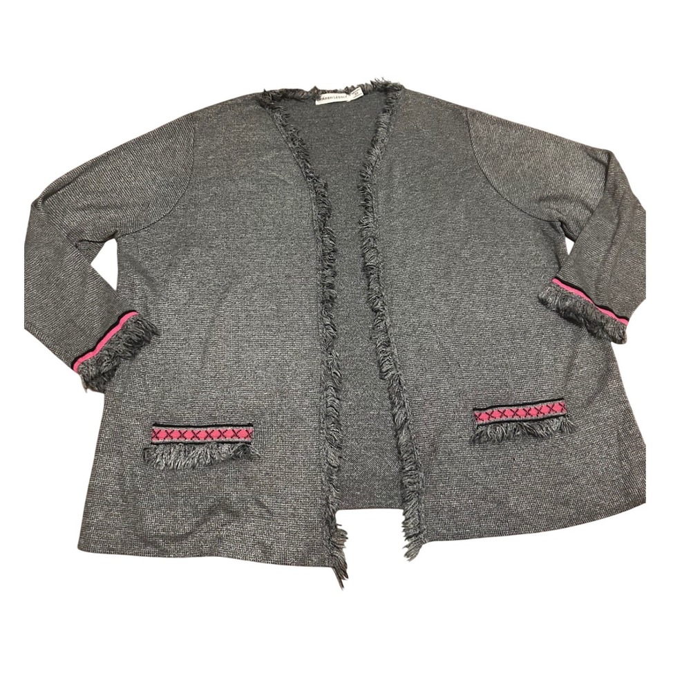Karen Lessly 2X fringe open cardigan‎ sweater jacket boho gray longline  office